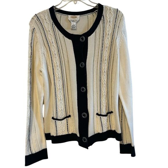 Talbots Cable Knit Cream & Black Cotton  Button Down Cardigan Sweater Large - Picture 1 of 9